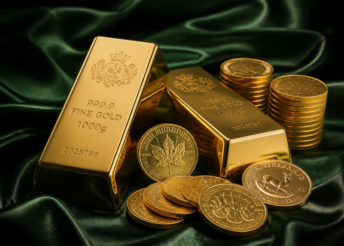 سبائك وعملات ذهب على قماش أخضر